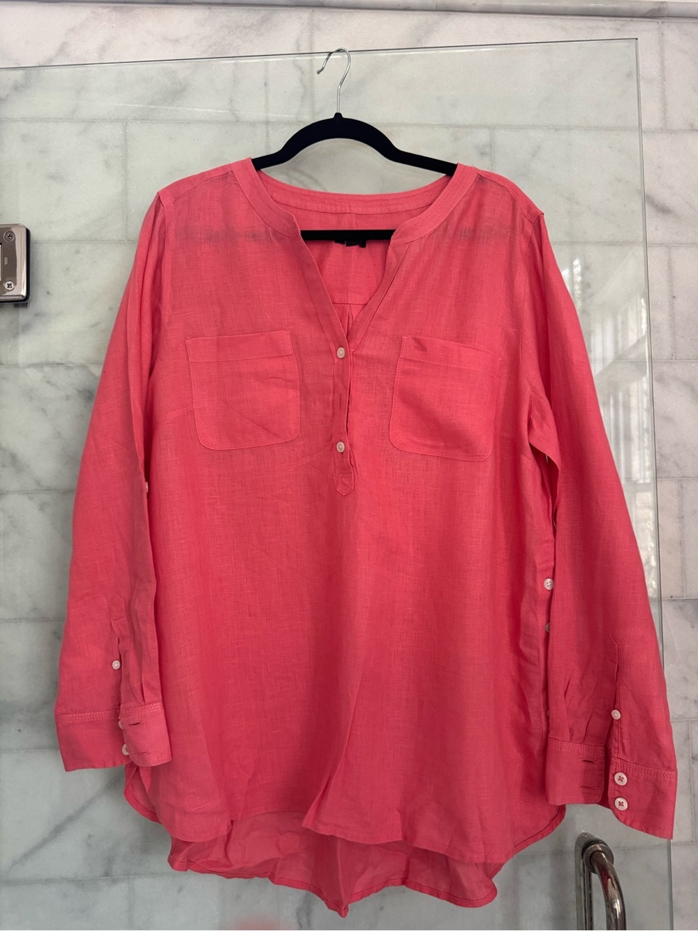 Talbots 100% Linen Coral Pink Popover Tunic Blouse Size L